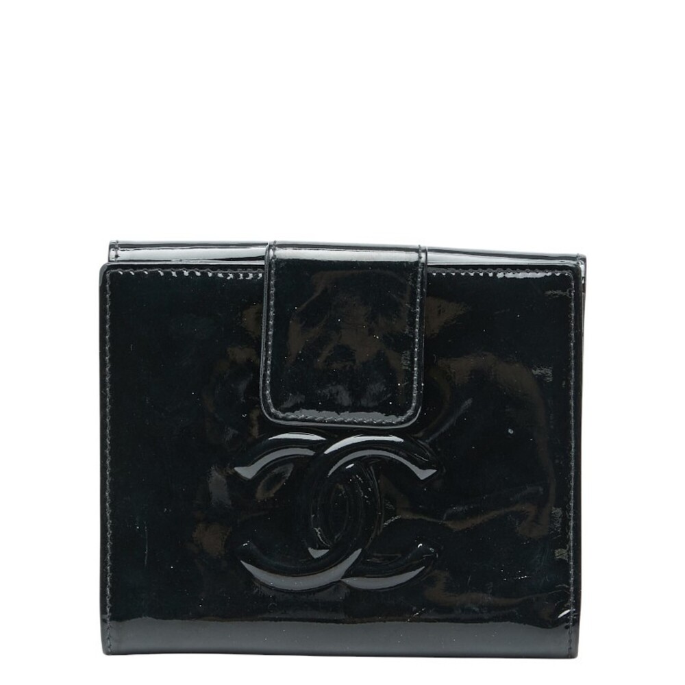 CHANEL Authentic Black Leather Logo Wallet